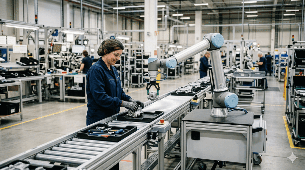 a cobot on a production line cooperating with an employee